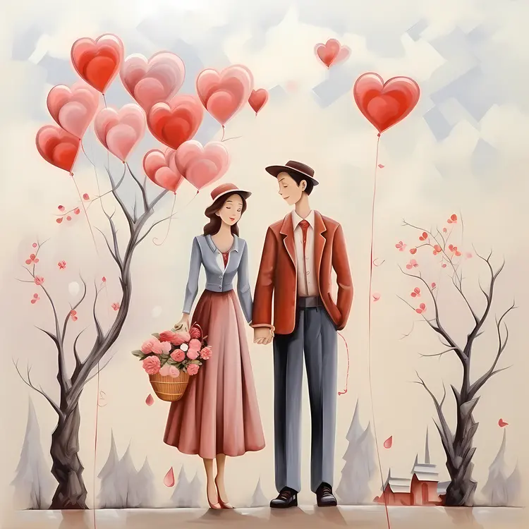 Romantic Couple with Heart Balloons