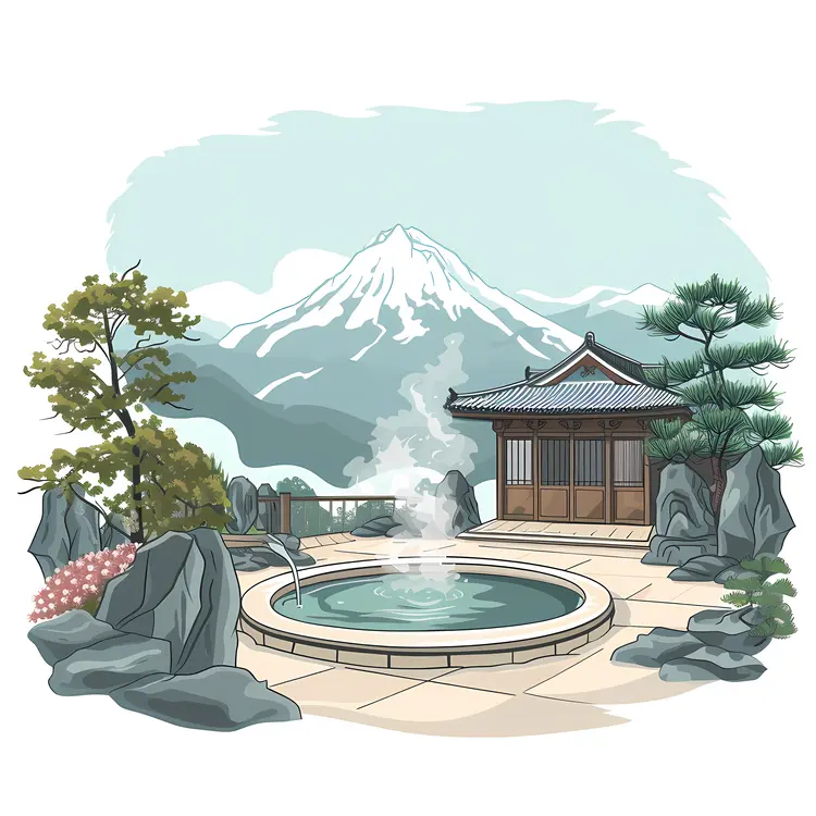Japanese Hot Spring with Mountain View