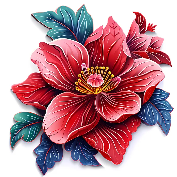 Beautiful Red Flower with Green Leaves