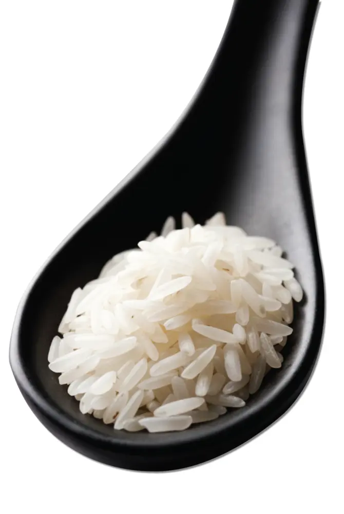 Cooked White Rice on Black Spoon