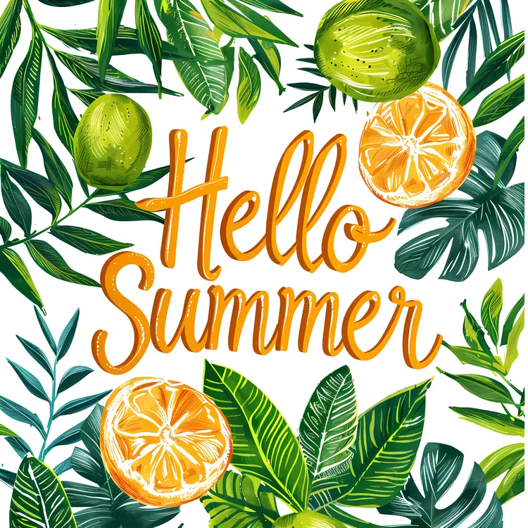 Hello Summer Citrus and Leaves Illustration