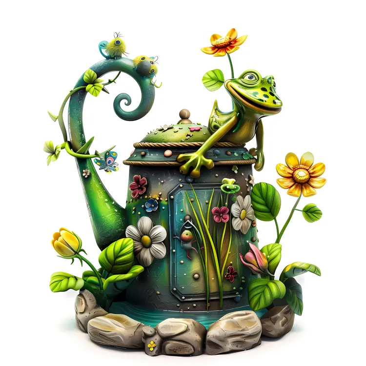 Whimsical Watering Can with Frog and Flowers