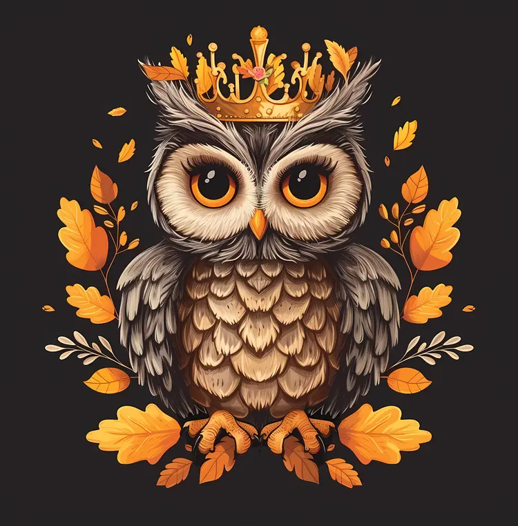 Cute Owl with Crown in Autumn Forest