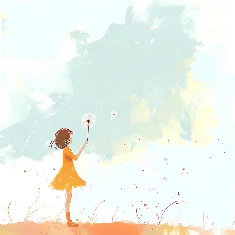 Cute Girl with Dandelion in Field