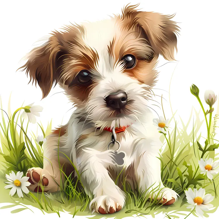 Cute Puppy in Grass with White Flowers