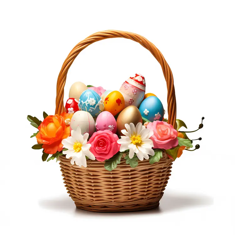 Charming Easter Basket with Painted Eggs and Floral Decorations