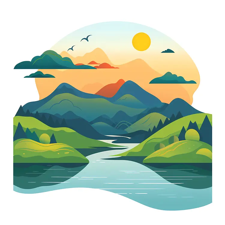 Sunset Mountain Landscape with River