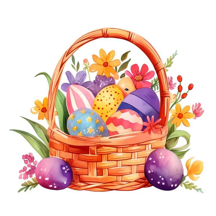 Easter Basket with Colorful Eggs and Flowers