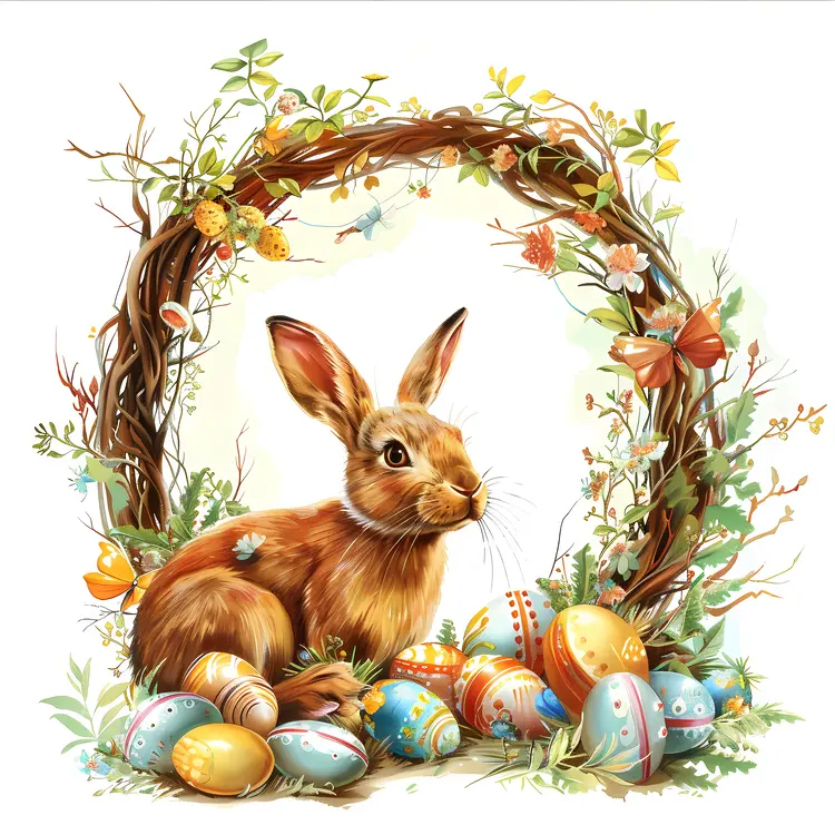 Brown Easter Bunny with Floral and Egg Frame