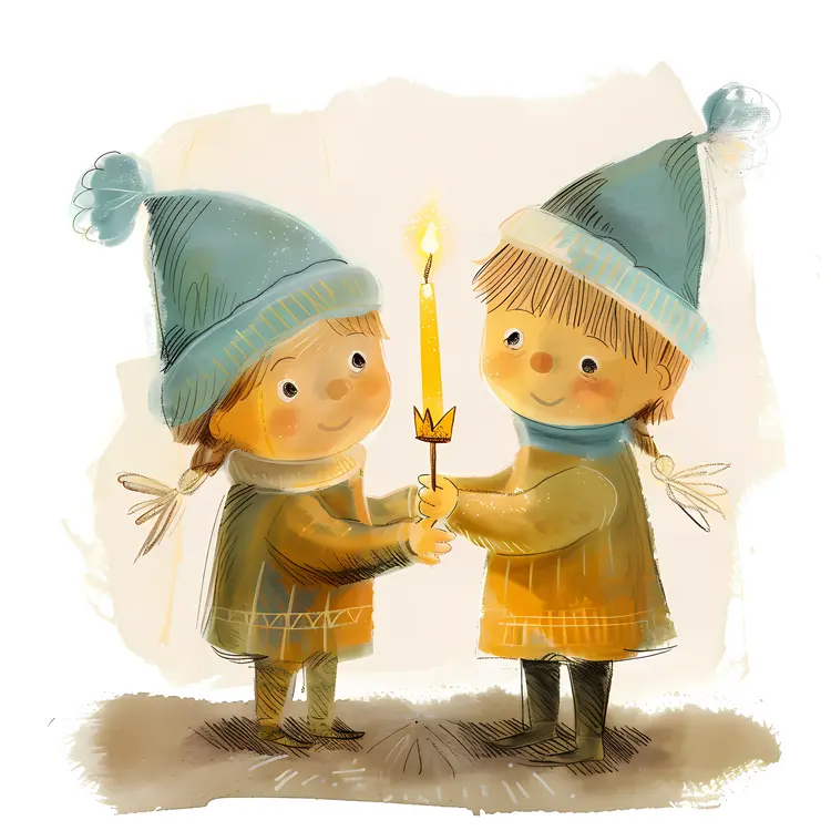 Two Children Holding a Candle Together in Winter Clothes