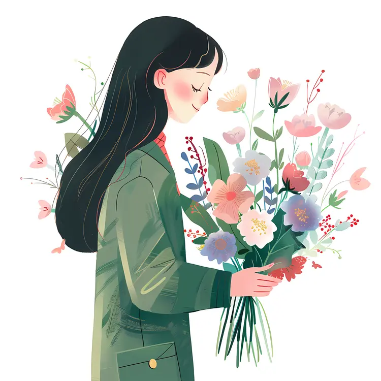Girl Smiling with Flower Bouquet