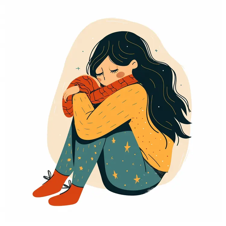 Sad Girl Sitting in Yellow Sweater Illustration