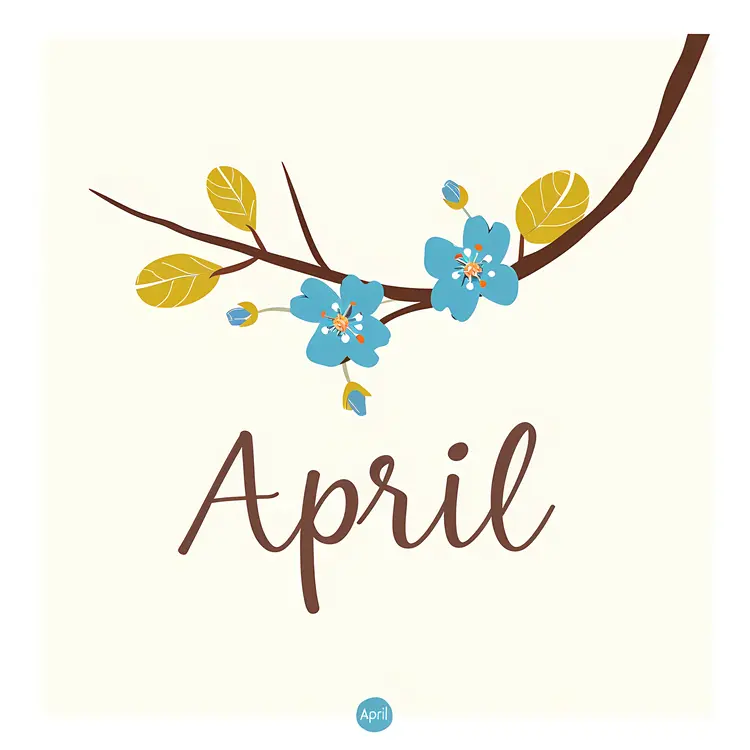 April with Blue Flowers on Branch