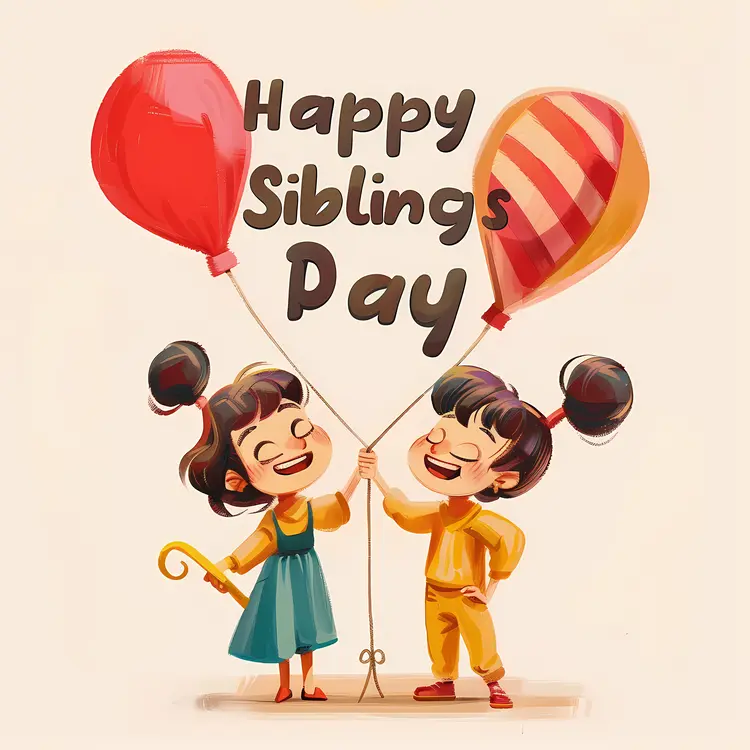 Happy Siblings Day with Siblings Holding Balloons
