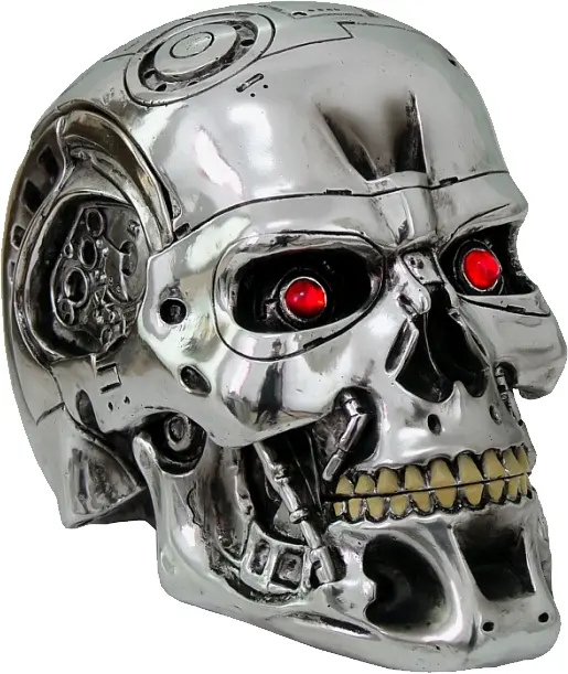 Side View of a Robot Skull with Red Eyes
