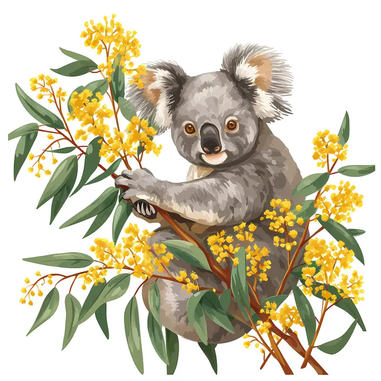 Cute Koala with Eucalyptus and Yellow Flowers
