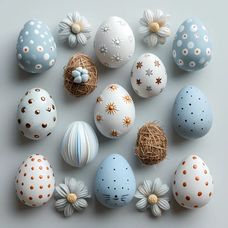 Beautiful Decorated Easter Eggs with Flowers and Nests