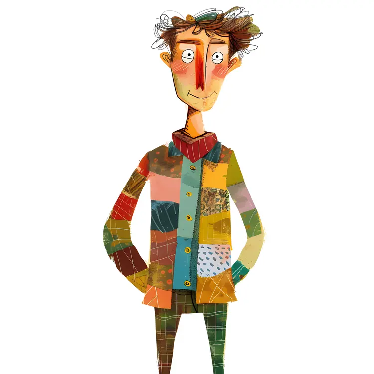Whimsical Cartoon Man in Colorful Patchwork Jacket