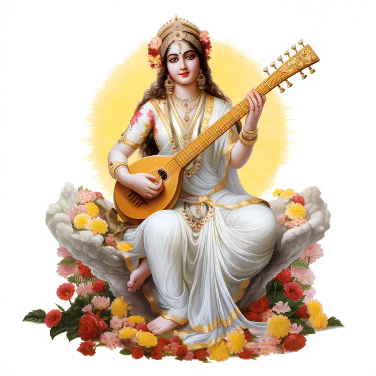 Goddess Playing Veena with Flowers