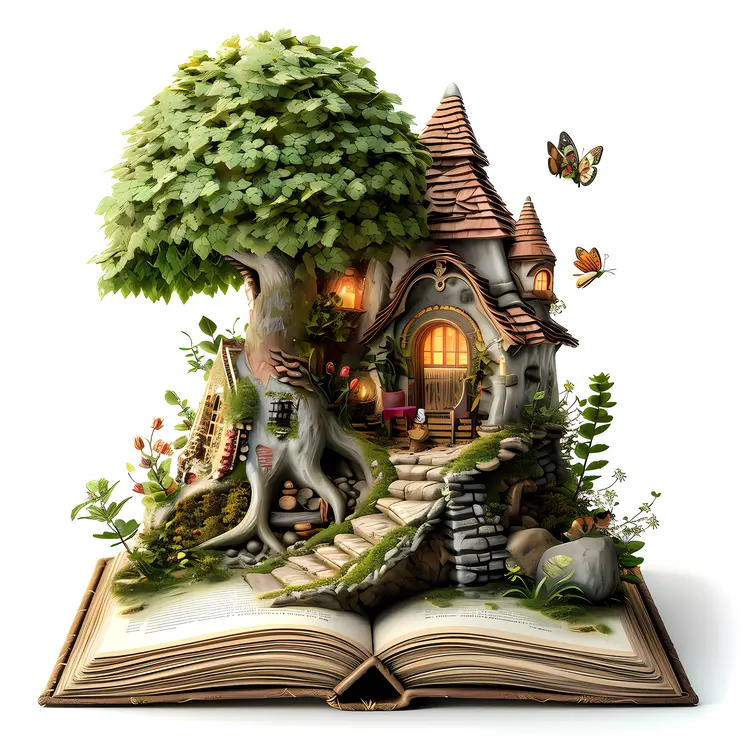 Fairy Tale Book with House and Tree