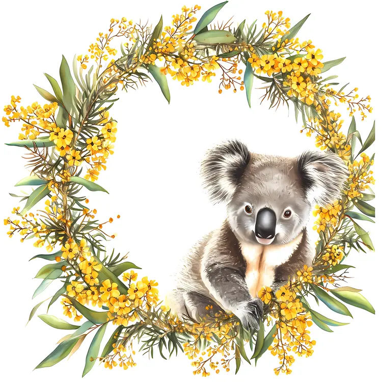Charming Koala in Yellow Floral Wreath
