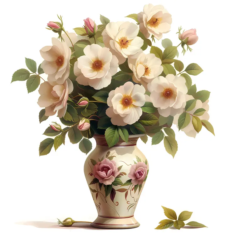 White Flowers in Floral Patterned Vase