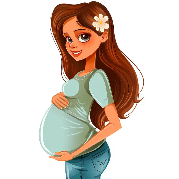 Pregnant Woman in Blue Shirt with Flower in Hair