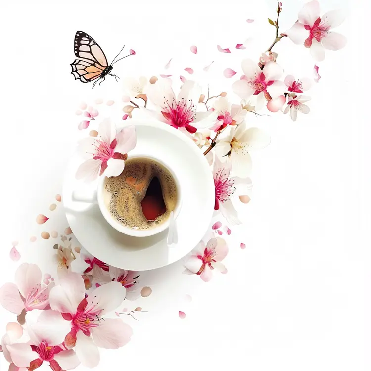 Coffee cup with flowers and butterfly