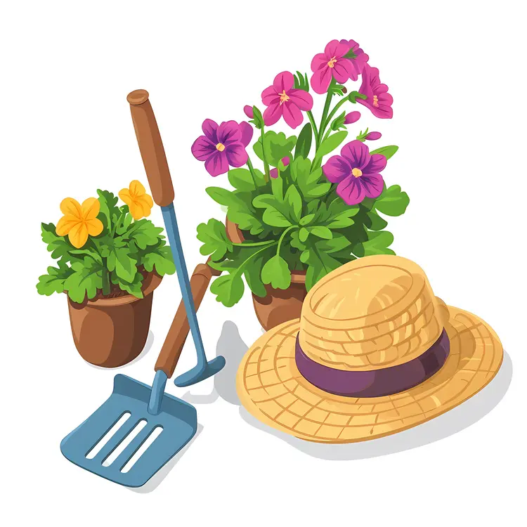 Gardening Tools and Hat with Colorful Flowers