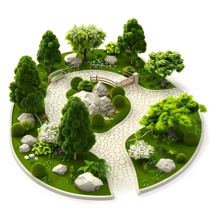 Beautiful Garden with Trees and Circular Pathway