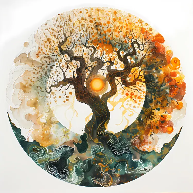 Abstract Tree with Sun Artwork