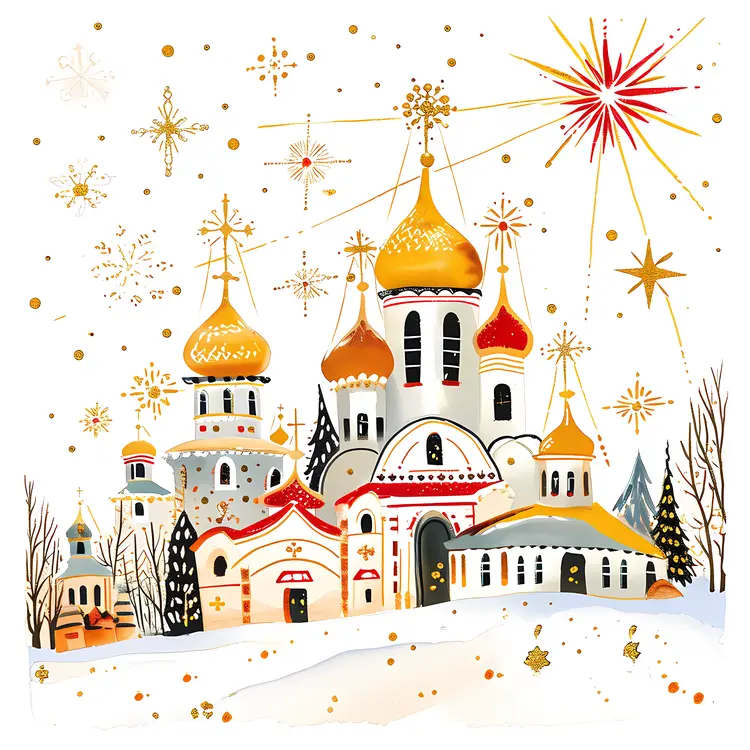 Golden Domes Church with Snow and Stars