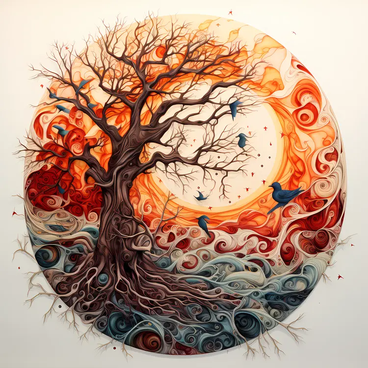 Tree with Swirling Background and Birds
