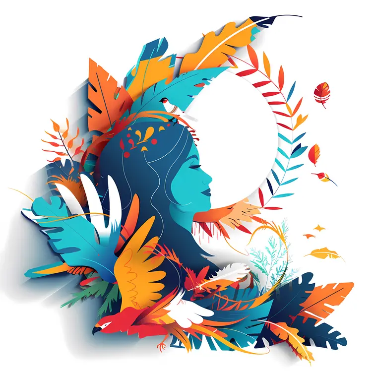 Woman and Birds with Moon Illustration