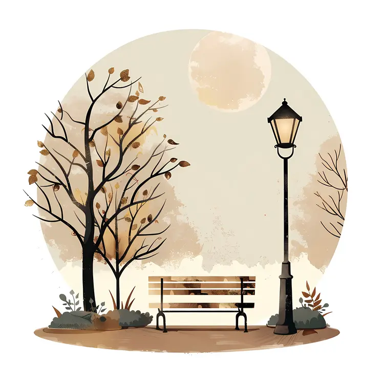 Nighttime Park Bench with Lamp Post and Moon