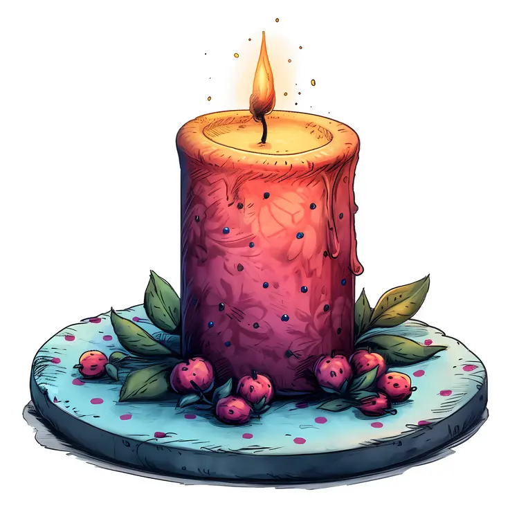 Red Candle with Berries on a Plate