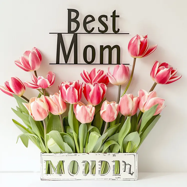 Best Mom Sign with Pink Tulips