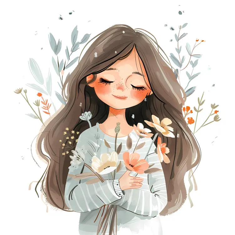 Watercolor Girl with Long Hair Holding Flowers