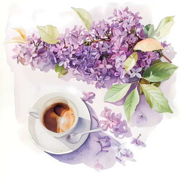 Lilac Flowers with Coffee Cup