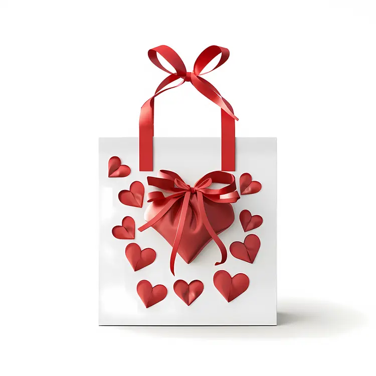 White Gift Bag with Red Hearts for Valentine's Day
