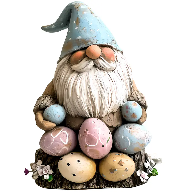 Gnome Surrounded by Easter Eggs and Flowers