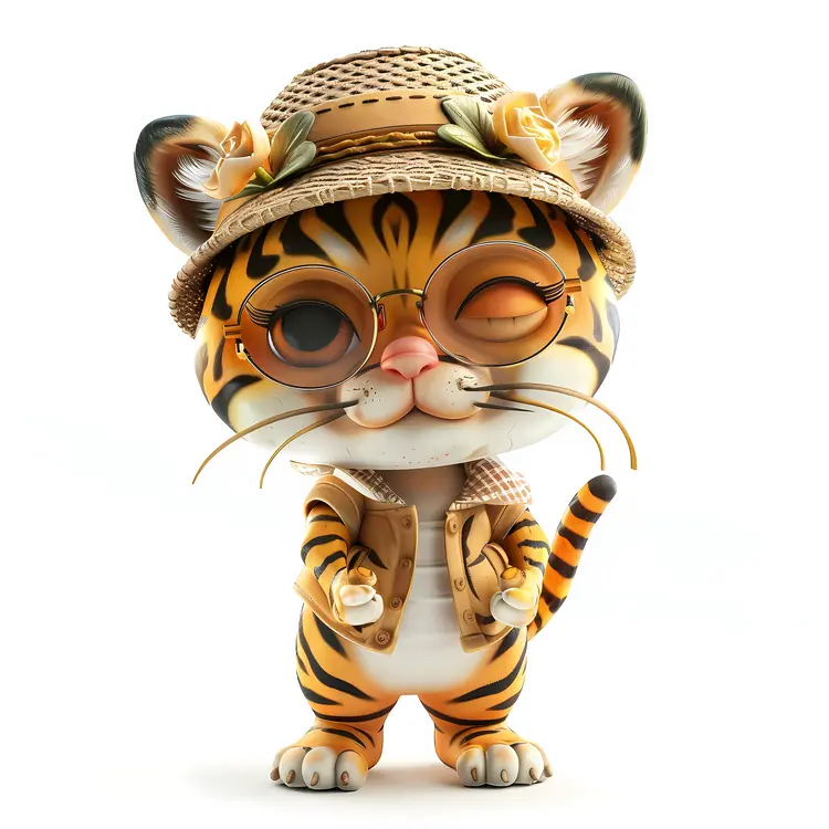 Cute Cartoon Tiger with Hat and Glasses