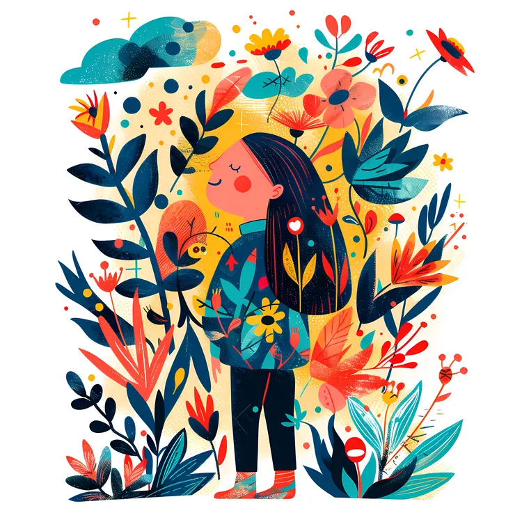 Girl Surrounded by Colorful Flowers