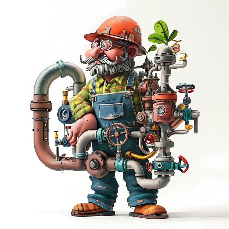 Cartoon Plumber with Complex Pipe System