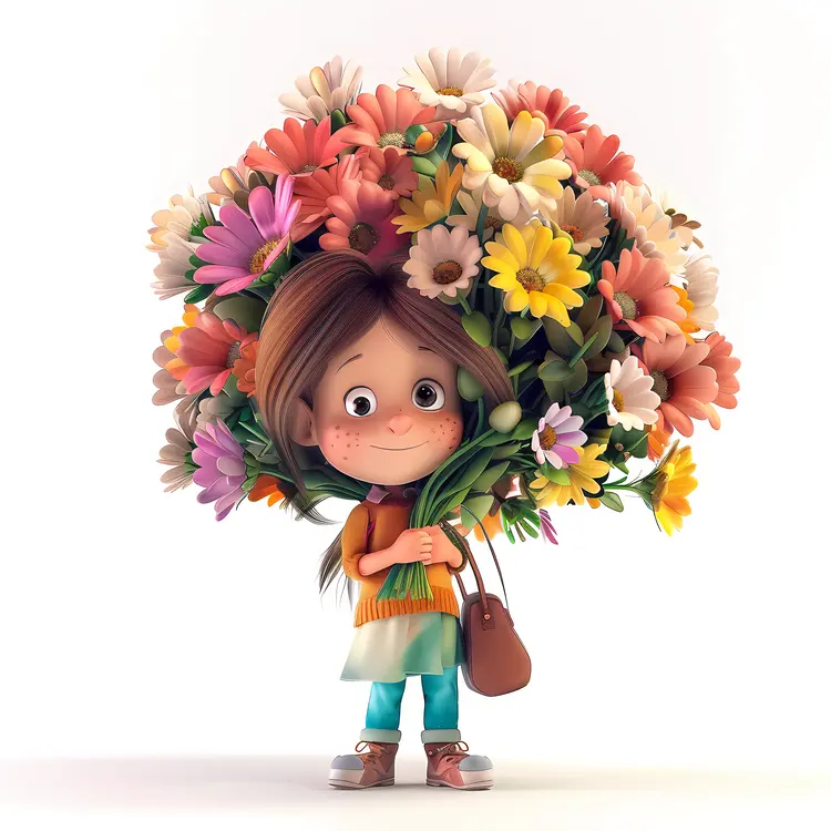 Cute Girl with Colorful Bouquet Illustration
