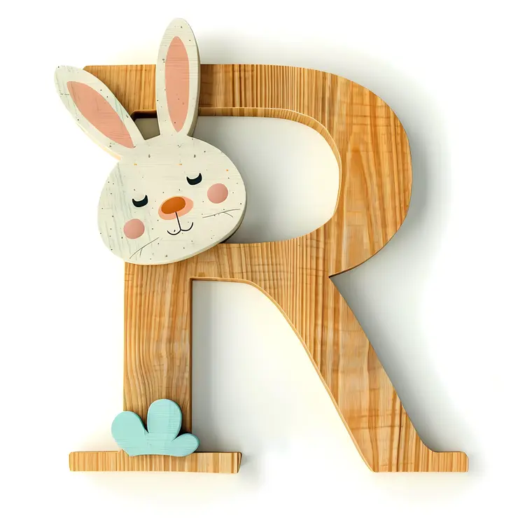 Wooden Letter R with Cute Bunny