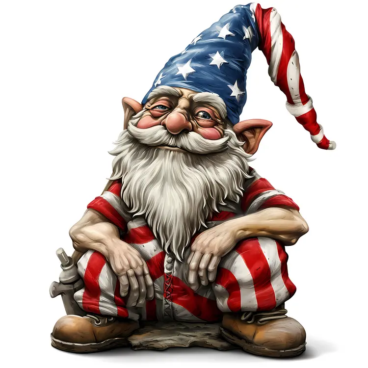 Patriotic Gnome Sitting with Wrench