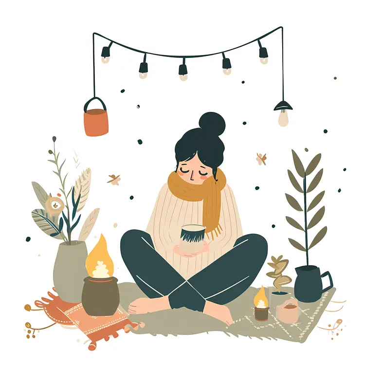 Cozy Woman with Cup and Plants