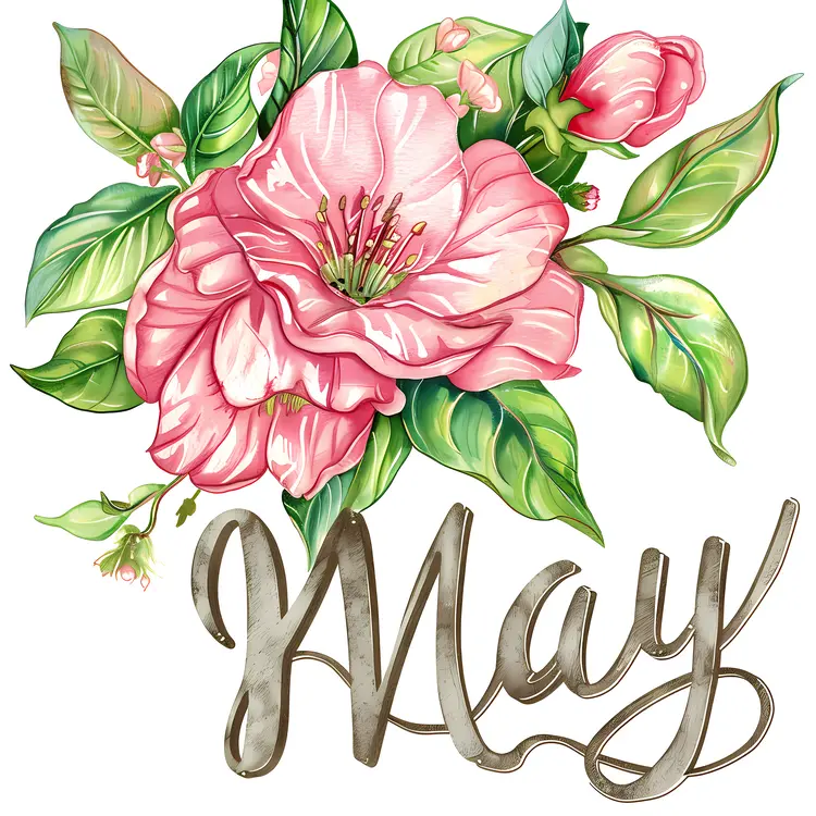 May Text with Pink Flowers and Leaves