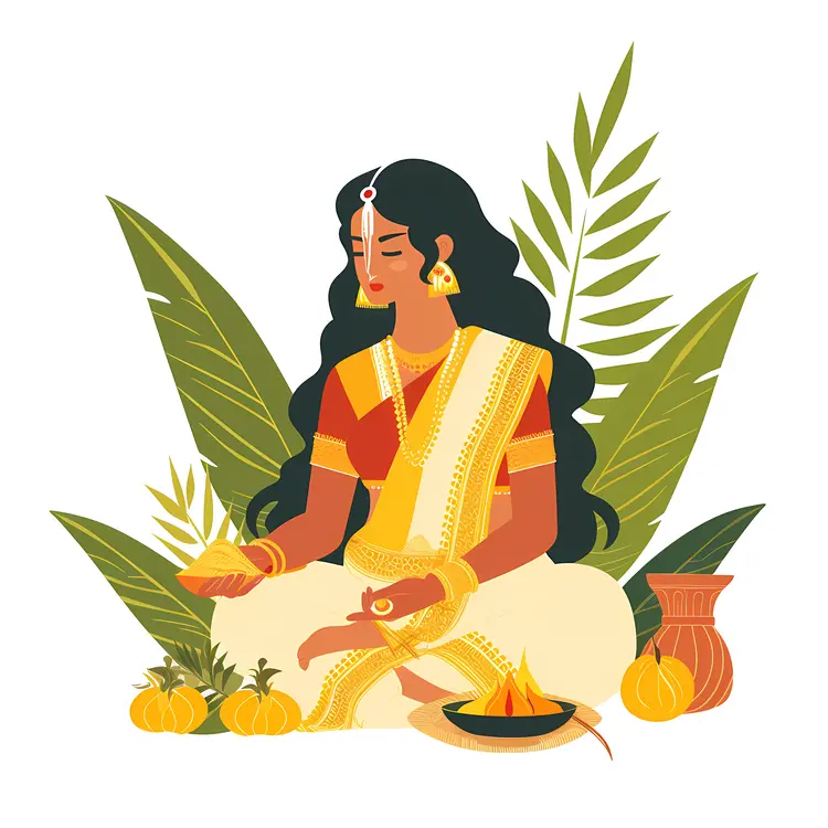 Traditional Woman with Leaves Illustration